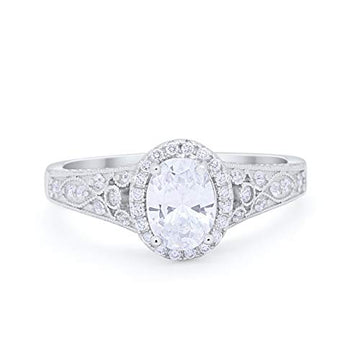 Vintage Style Oval Wedding Ring Simulated Cubic Zirconia 925 Sterling Silver